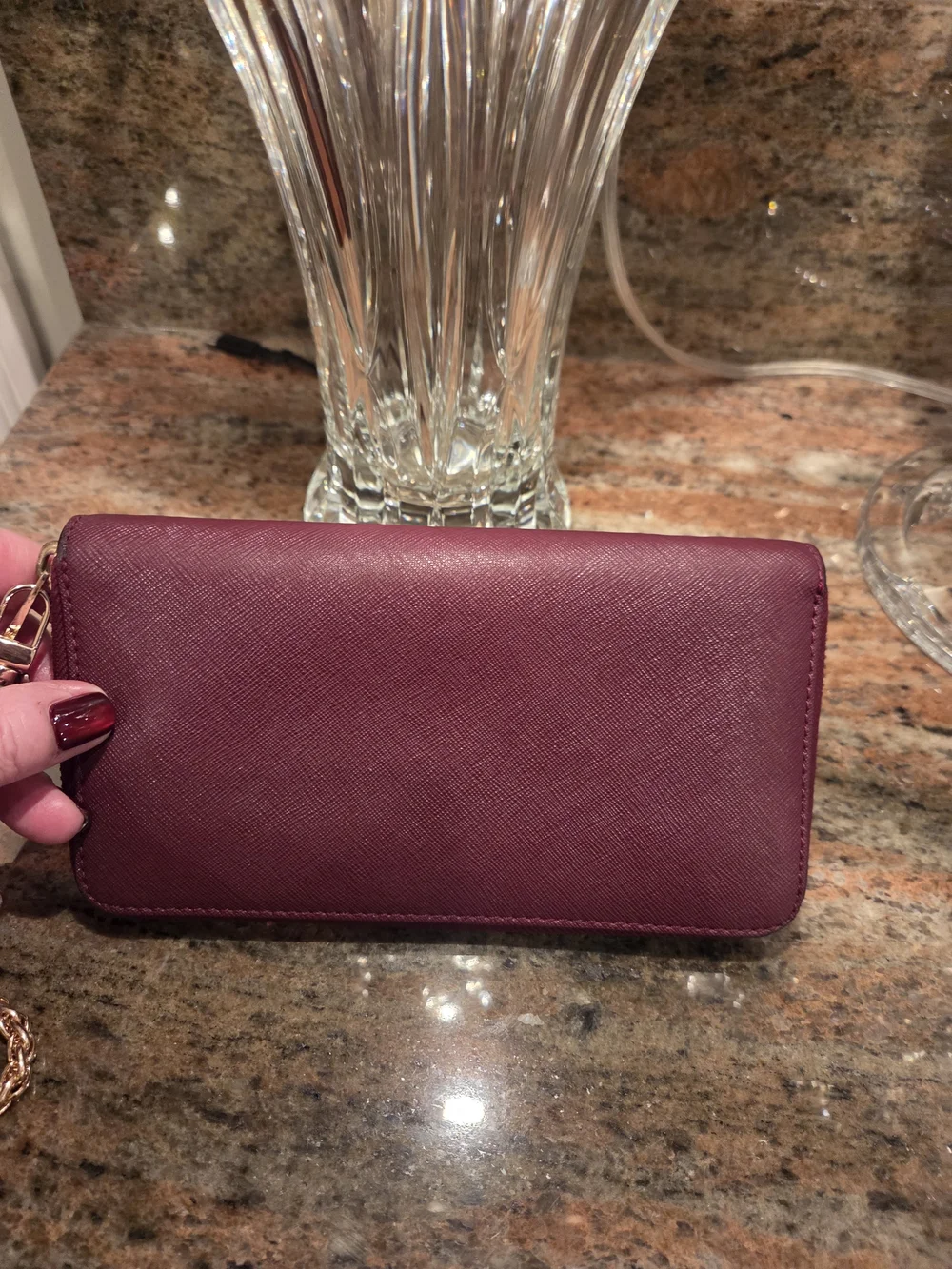 Tory Burch Burgundy Saffiano Leather Wristlet with Gold Chain